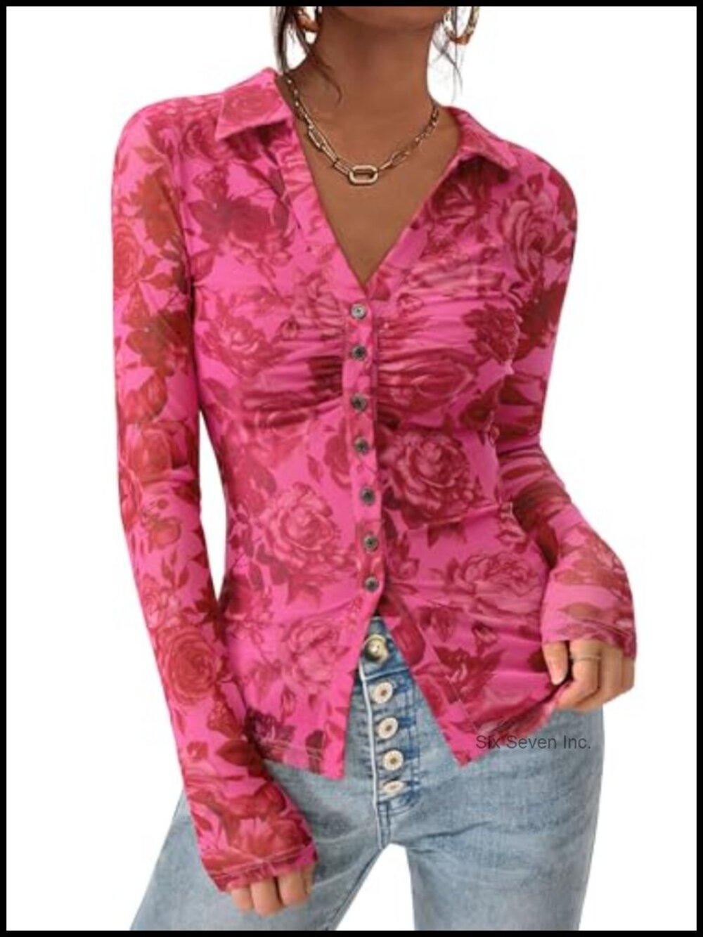 Boho Floral Mesh Button Down Blouse V-Neck Long Sleeve
